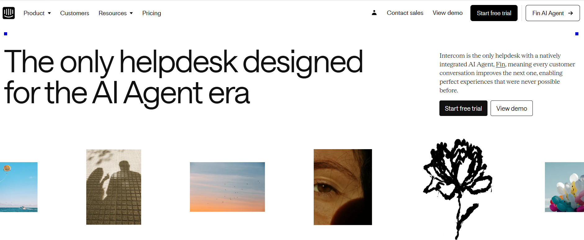 Intercom homepage highlighting call-to-action examples with “Start free trial” and “View demo” for AI helpdesk.
