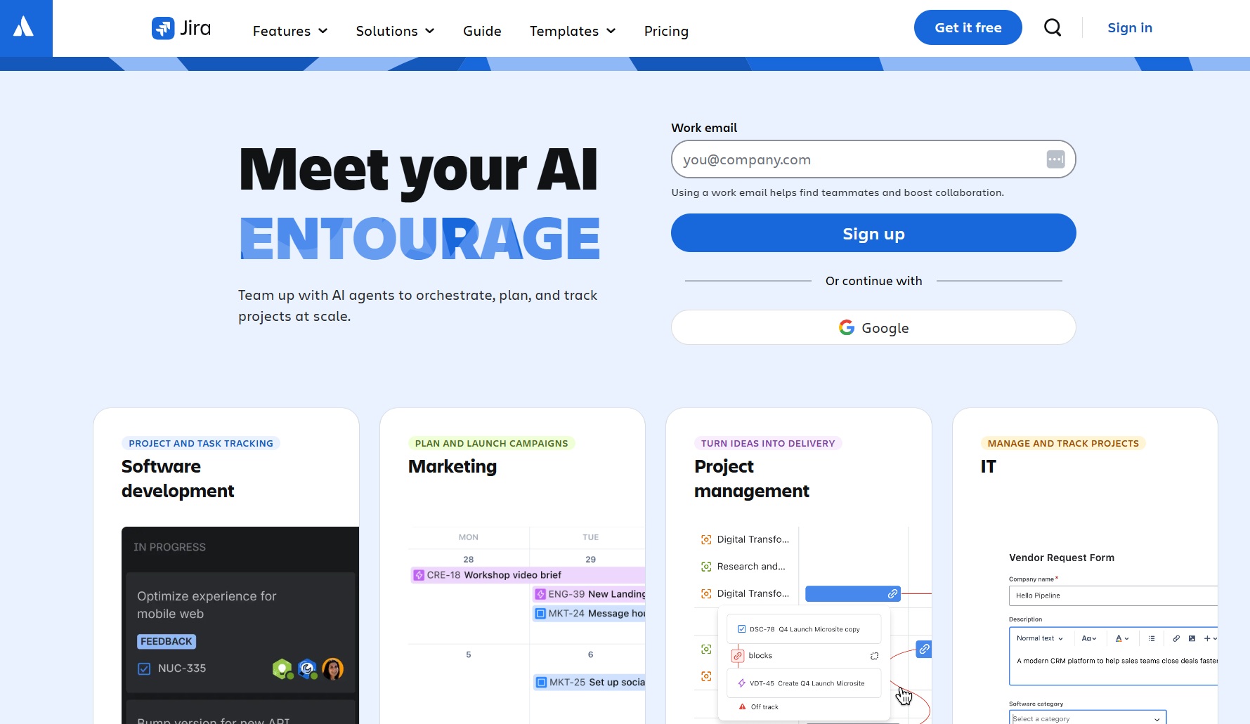 Jira homepage showing call-to-action examples with “Sign up” button for AI-powered project management tools.