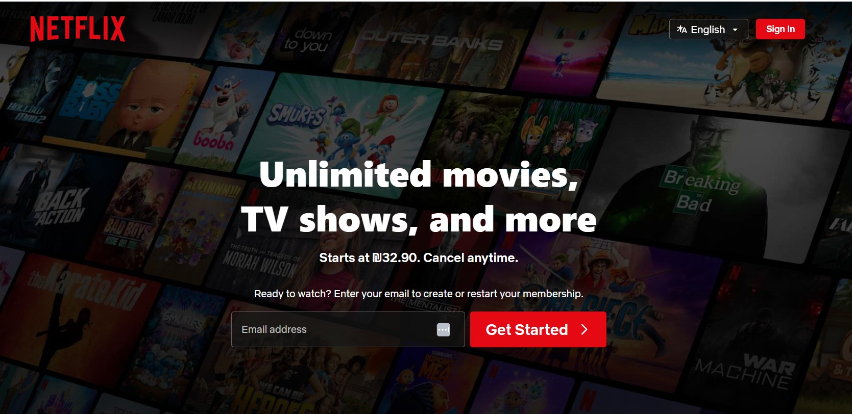 Netflix homepage showing a call to action in marketing with an email signup field and “Get Started” subscription button.