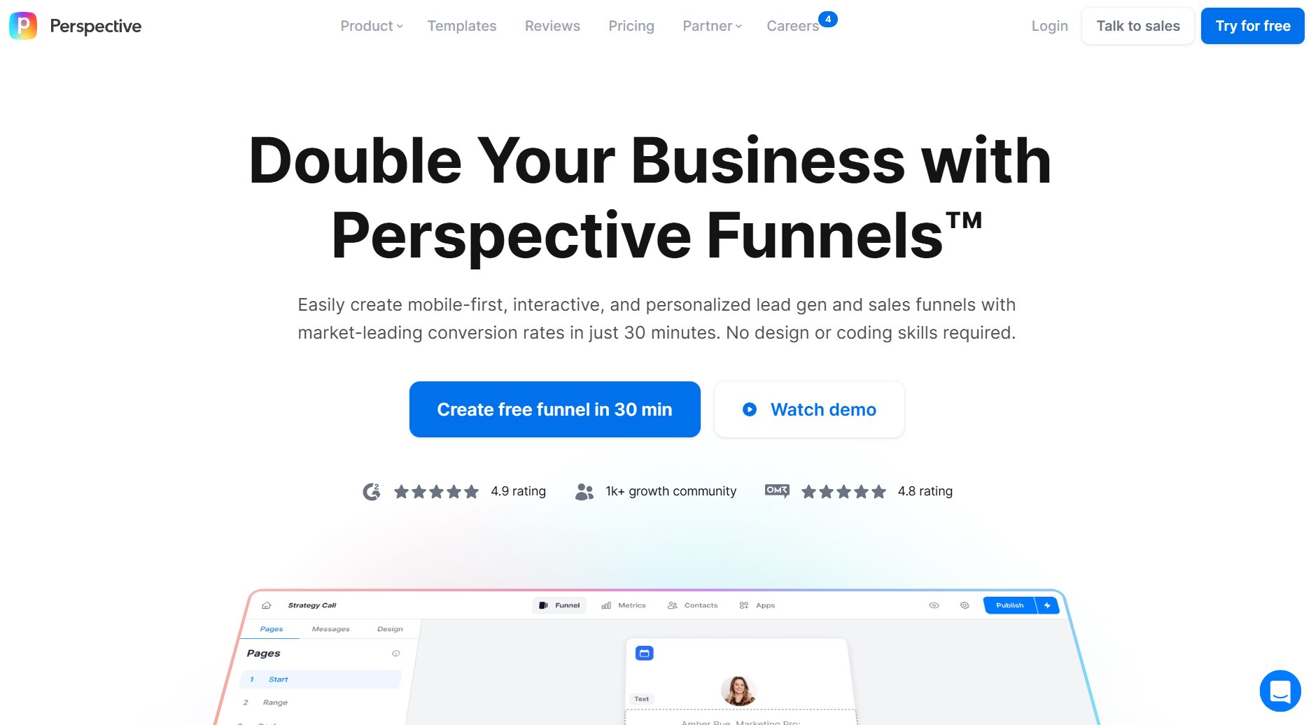 Perspective Funnels landing page with call-to-action examples like “Create free funnel in 30 min” and “Watch demo”.