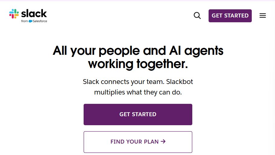 Slack homepage highlighting call-to-action examples, including “Get started” and “Find your plan” for team collaboration.