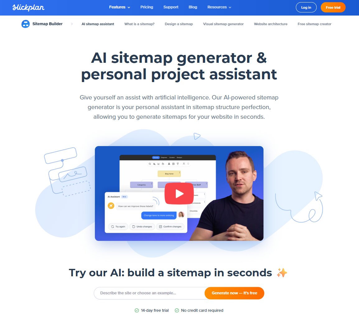 AI sitemap generator page showing call-to-action examples with “Generate now — it’s free” featured prominently.
