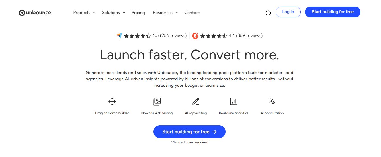 Unbounce homepage featuring the call to action “Start building for free” for landing page creation.