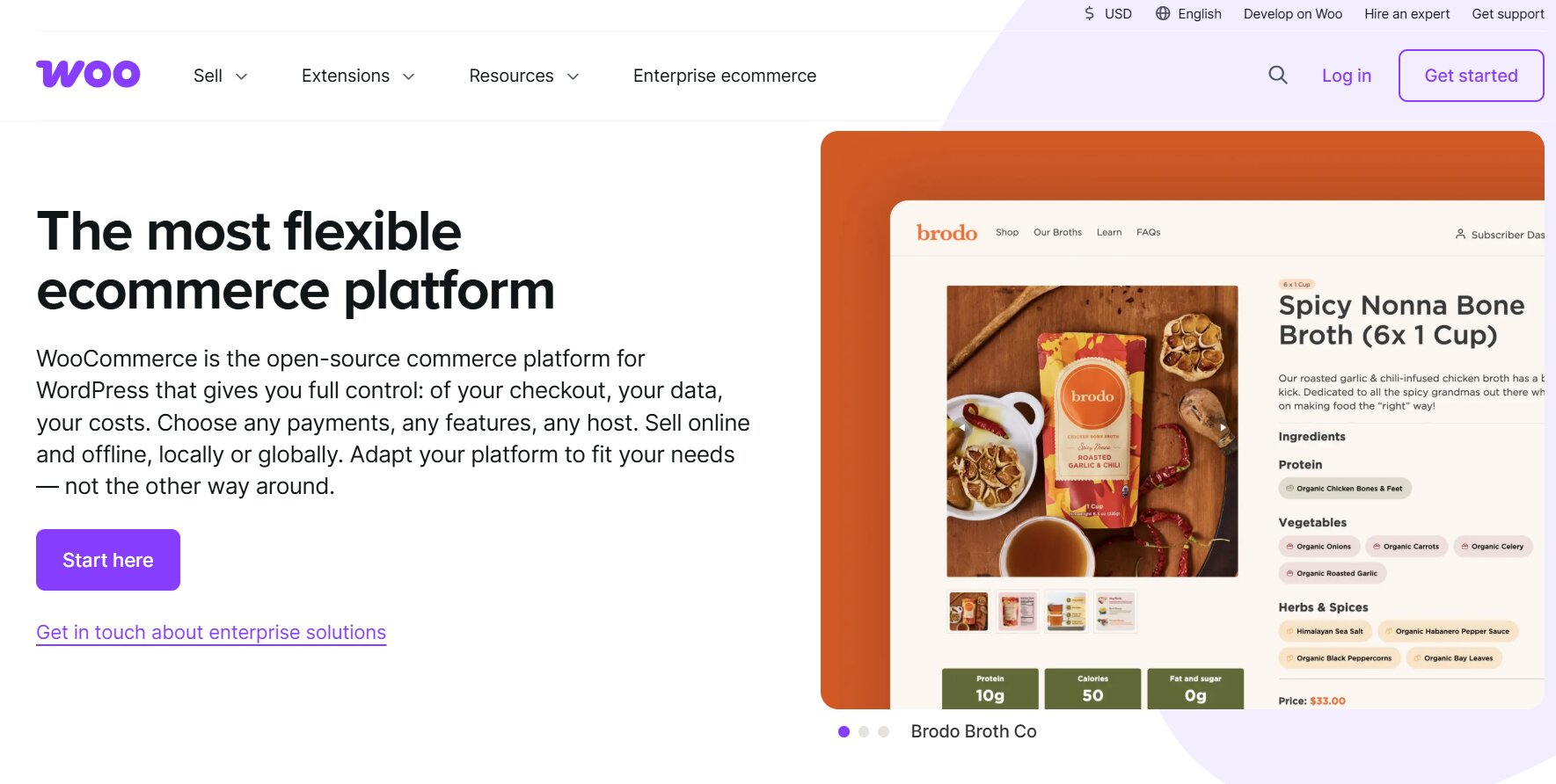 WooCommerce homepage with call-to-action examples to create a website to sell products using flexible ecommerce tools.