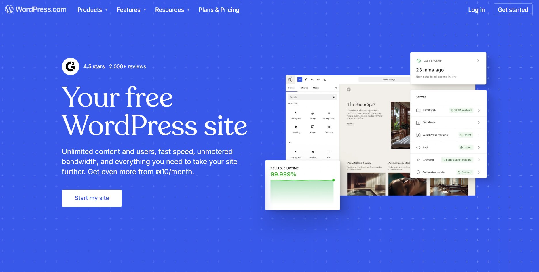 WordPress homepage showing call-to-action examples like “Start my site” for building a website quickly.