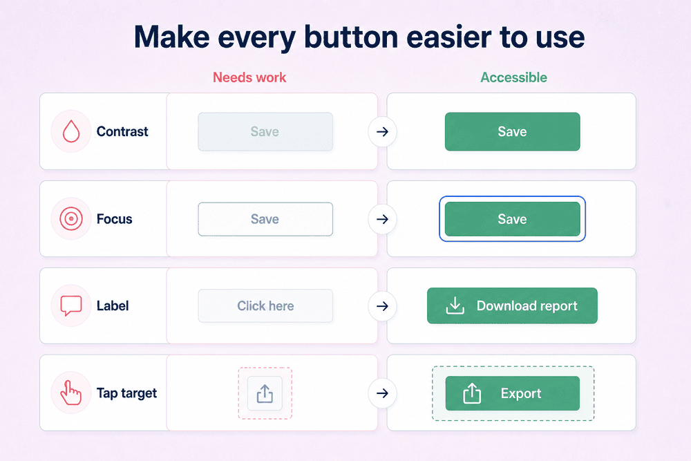 Accessible button design examples comparing contrast, focus states, labels and icon-only buttons