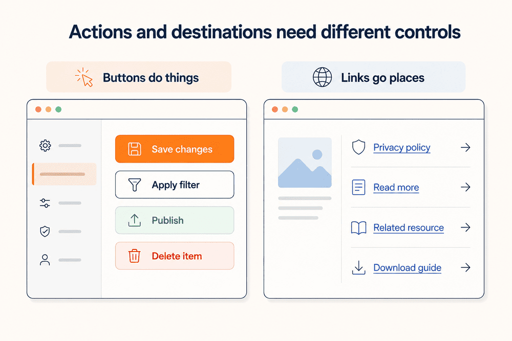 Comparison showing buttons for actions and links for navigation in web design