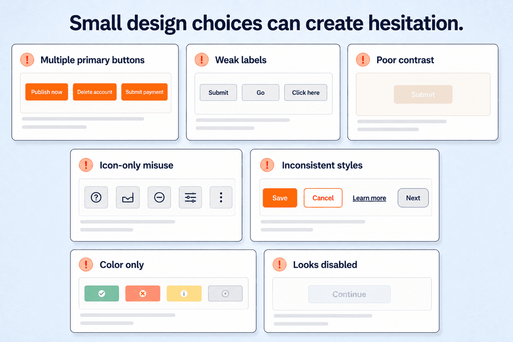 Common website button design mistakes, including too many primary buttons, weak labels, poor contrast, icon misuse, mismatched style, web buttons that rely on color only and buttons that looked disabled
