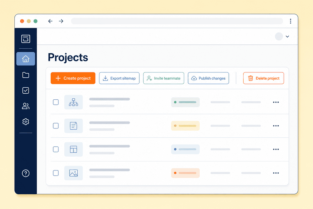 Dashboard action button examples showing Create project, Export sitemap, Invite teammate and Delete project with different emphasis