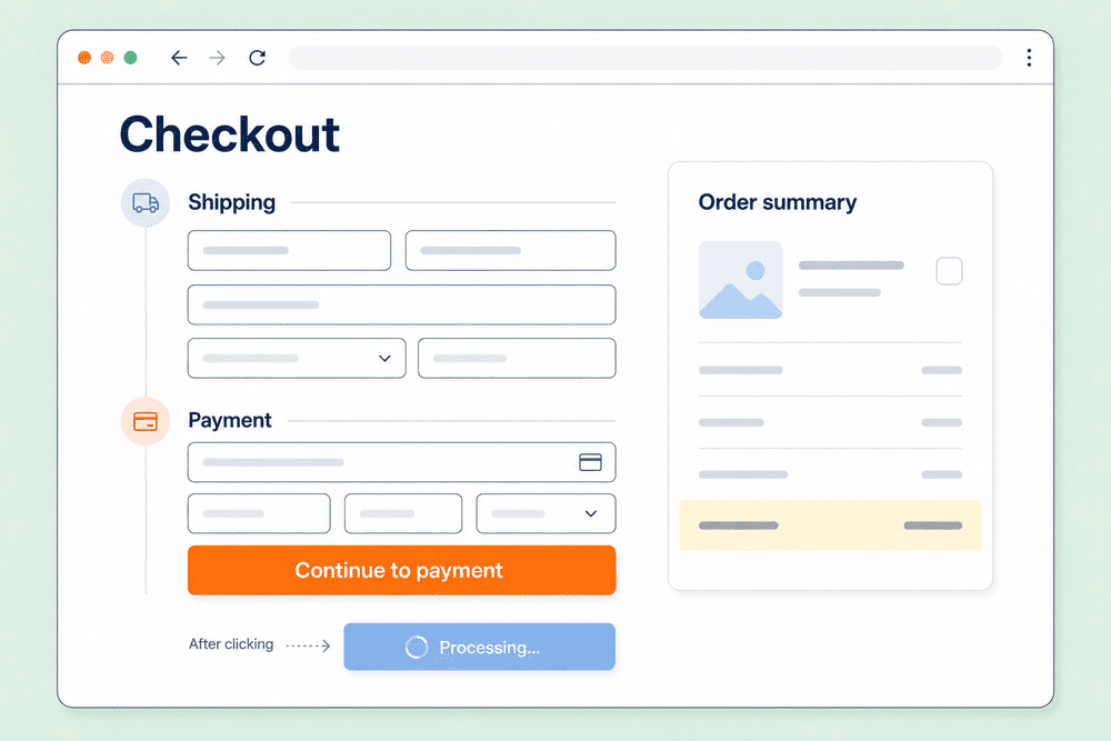 Ecommerce checkout button example showing Continue to payment, order summary and loading state feedback