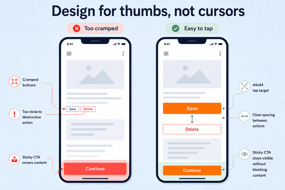 Mobile button design example showing tap targets, spacing and sticky CTA placement