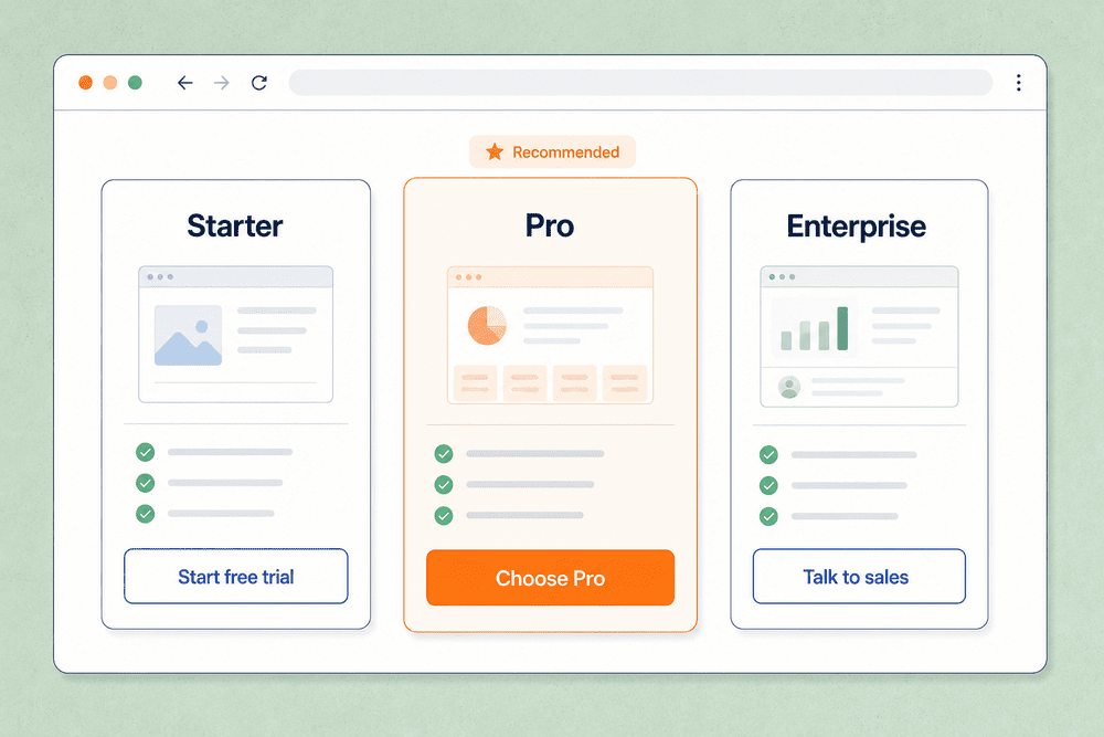 Pricing page button examples showing plan CTAs with stronger emphasis on the recommended Pro plan