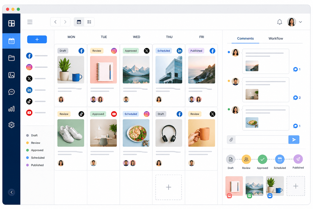 Content planning dashboard with scheduled social posts, approval statuses, comments, publishing workflow and multi-platform calendar management.