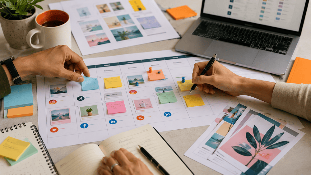 Hands organizing a printed social media calendar with sticky notes, content mockups, notebooks and a laptop during a collaborative planning session.