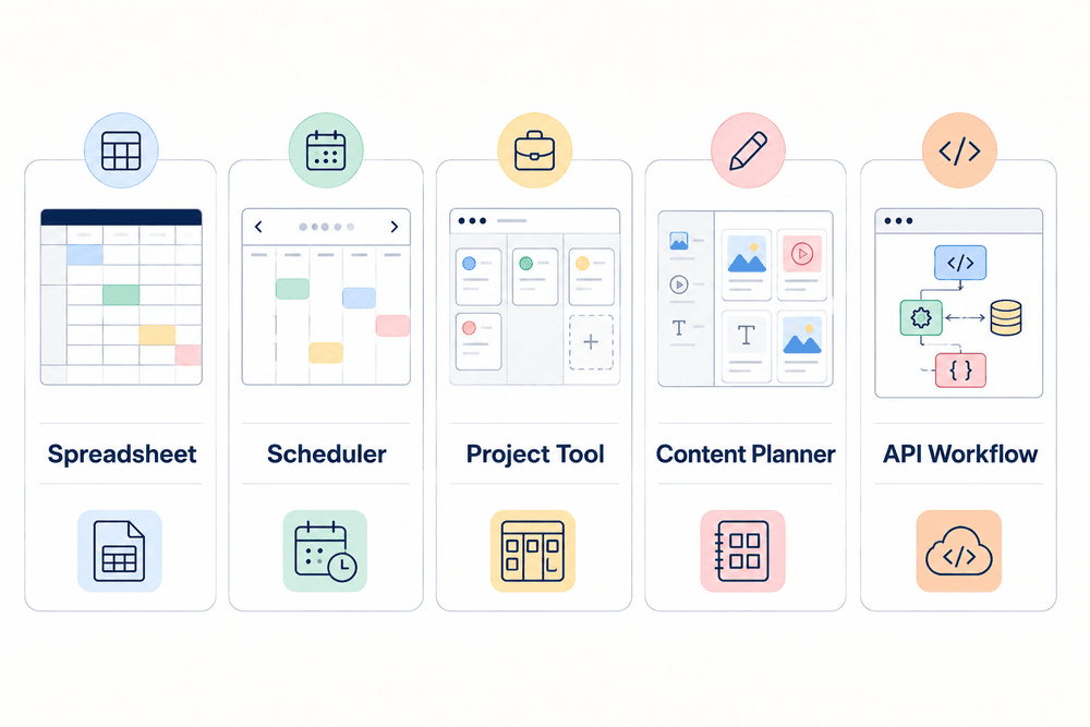 Comparison graphic showing spreadsheet calendars, scheduling tools, project management software, content planners and API-based social media workflows.