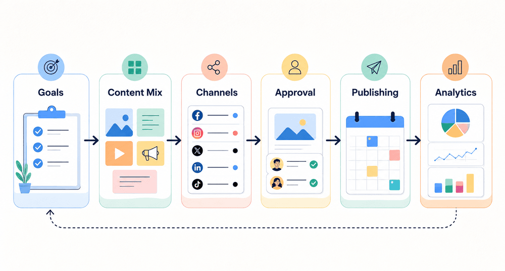 Social media strategy workflow infographic showing goals, content mix, channels, approvals, publishing and analytics connected in a planning process.