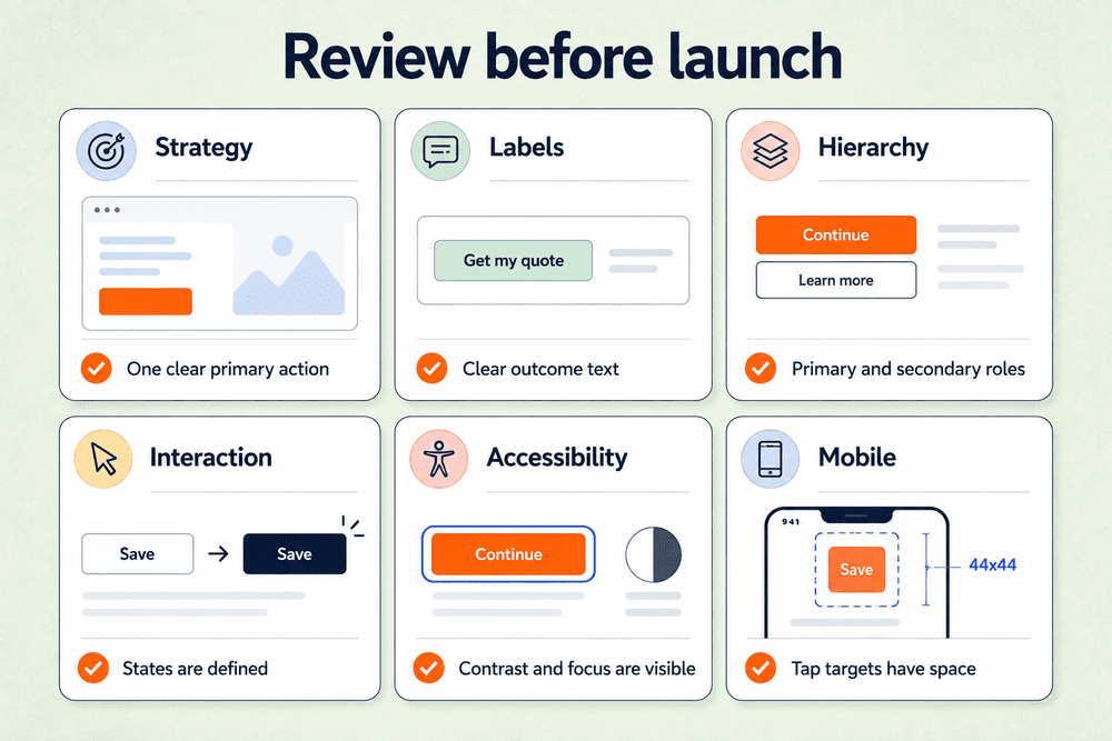 Website button design checklist covering strategy, labels, hierarchy, interaction, accessibility and mobile