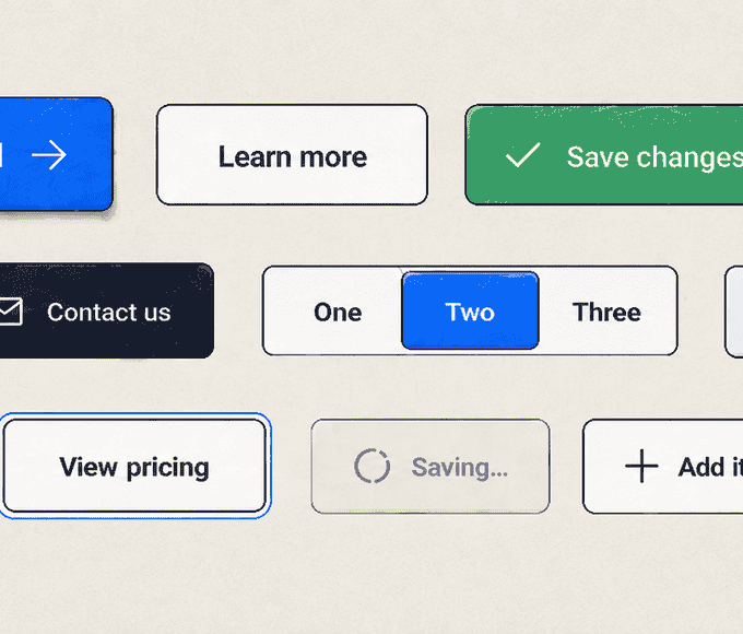 Editorial illustration showing a collage of different website button styles, including primary, secondary, icon, loading, selected and destructive button states