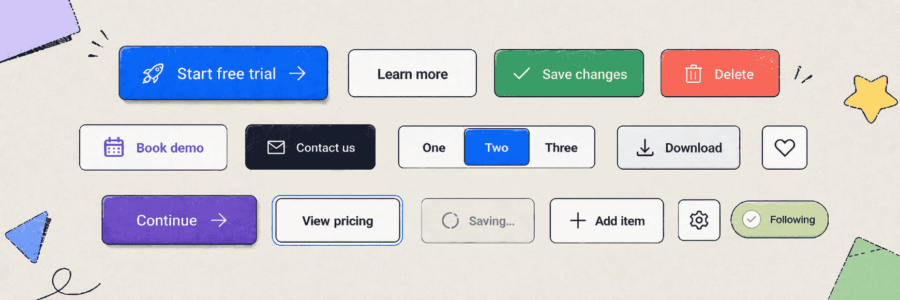 Editorial illustration showing a collage of different website button styles, including primary, secondary, icon, loading, selected and destructive button states
