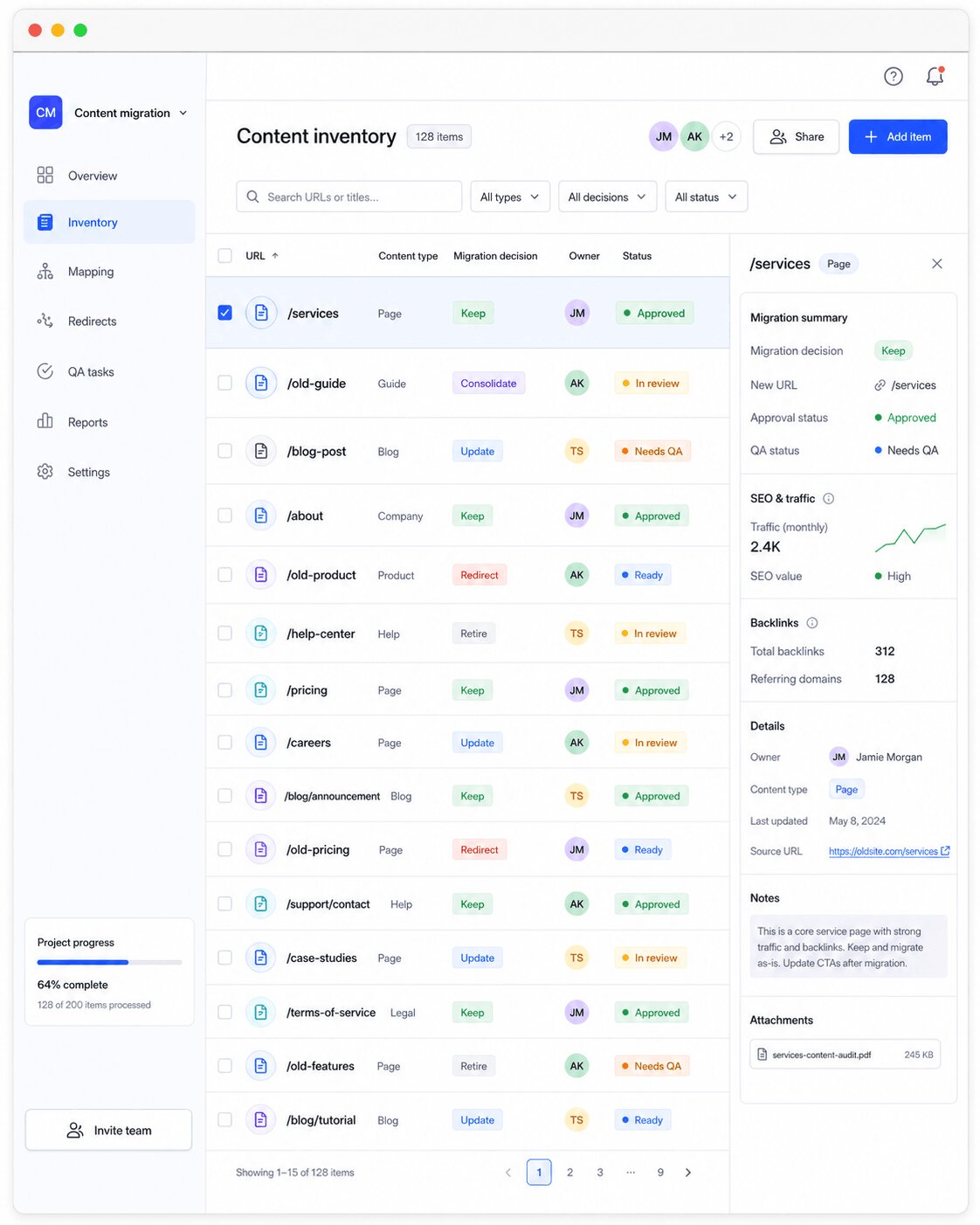 Example content migration inventory table with columns for URLs, performance data, migration decisions, owners, approval status and QA status.