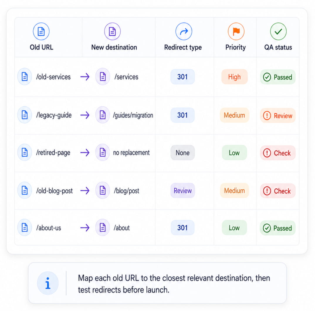 Example URL mapping table showing old URLs, new destinations, redirect types, priority levels and QA status for a content migration.
