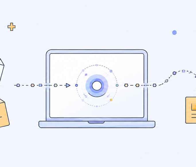 Featured illustration showing website content migration from loose page cards into an organized website structure