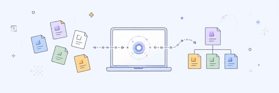 Featured illustration showing website content migration from loose page cards into an organized website structure