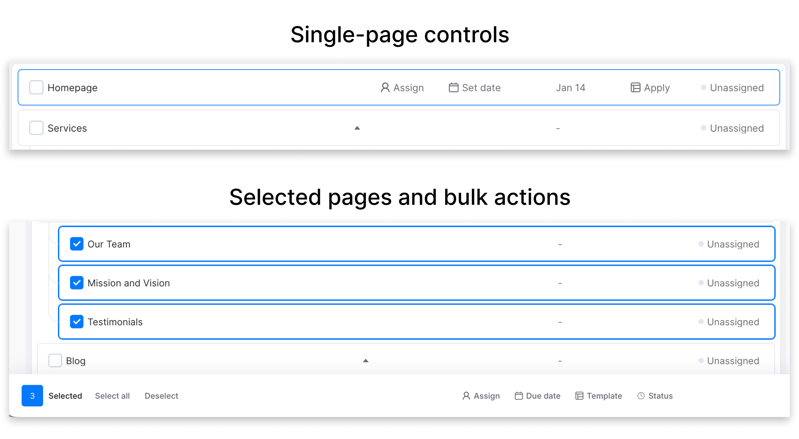 Content Overview showing inline controls for one page and the bulk-action bar for three selected pages.