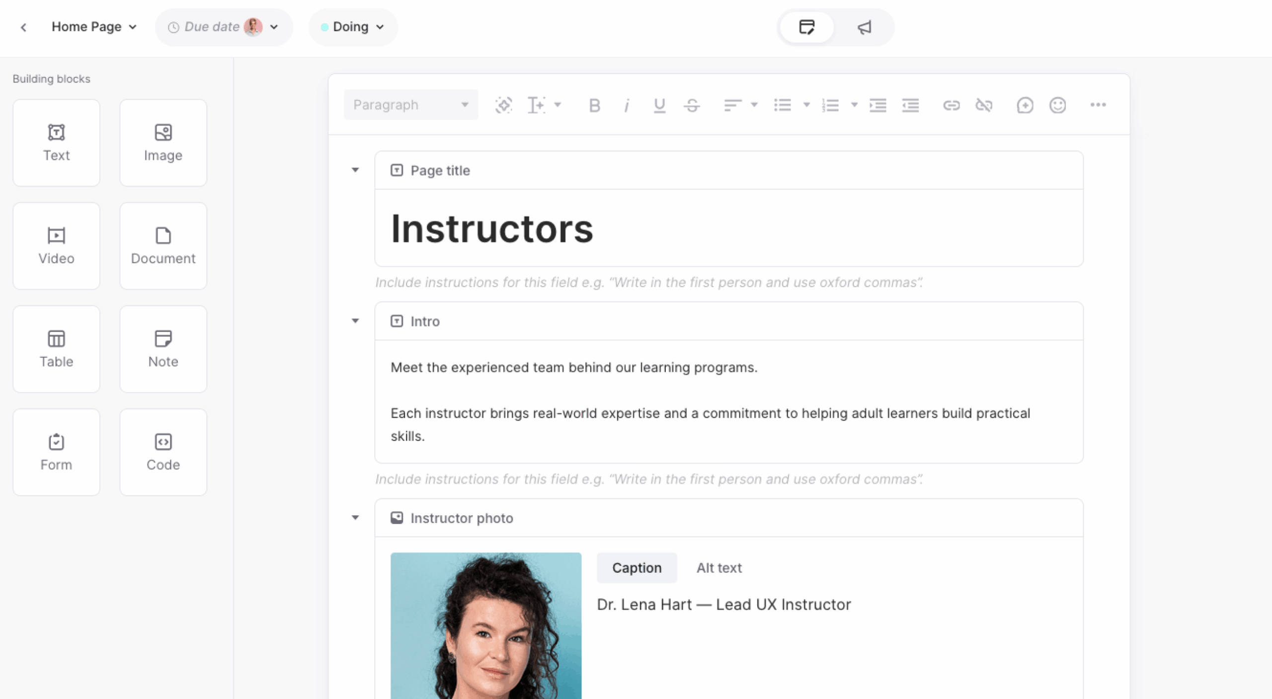 Page Editor with the content block panel visible and Text and Image blocks added to the page.