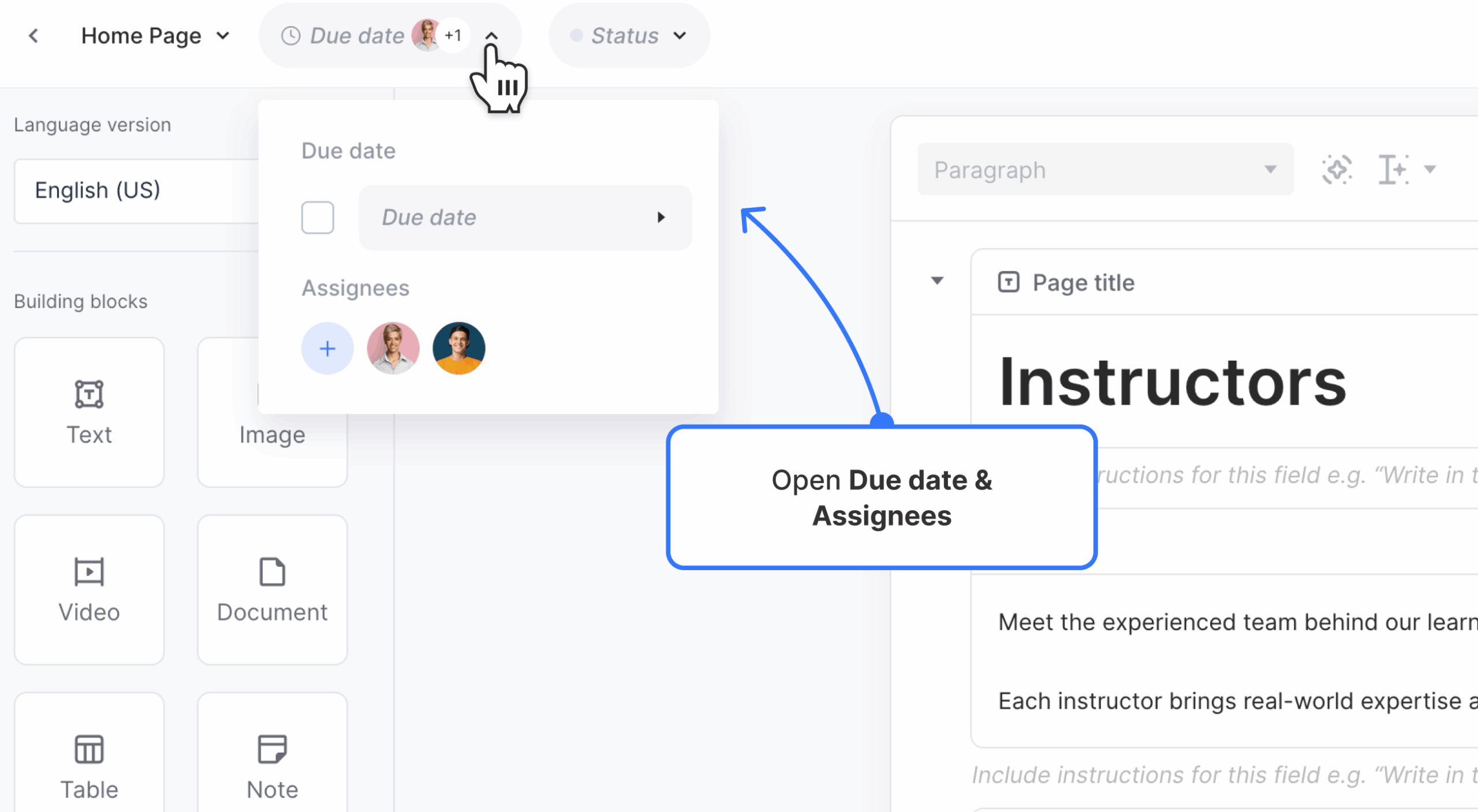 Page Editor with the due-date control open beside the page name.