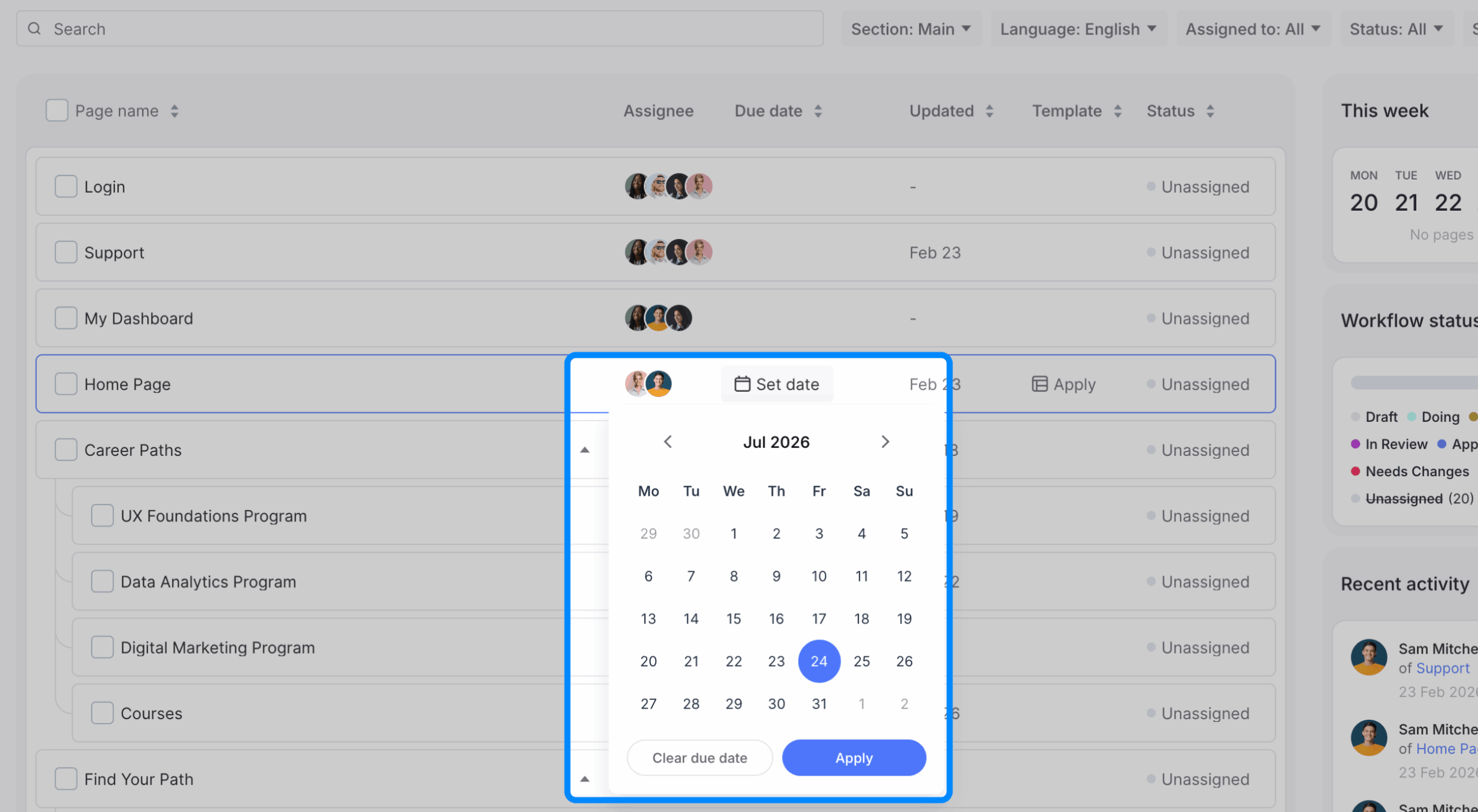 Content Overview with a page’s due-date control open, showing the date picker, Clear Due Date and Apply.