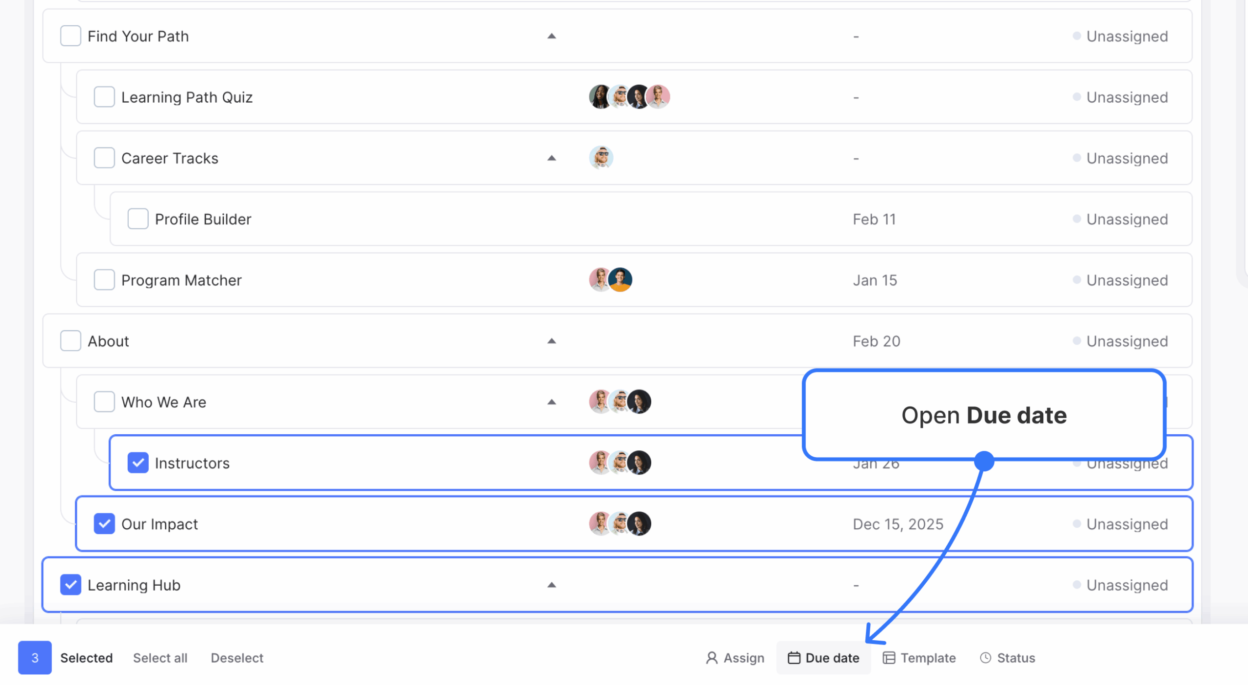 Content Overview with several pages selected and the Due Date action visible in the bottom drawer.