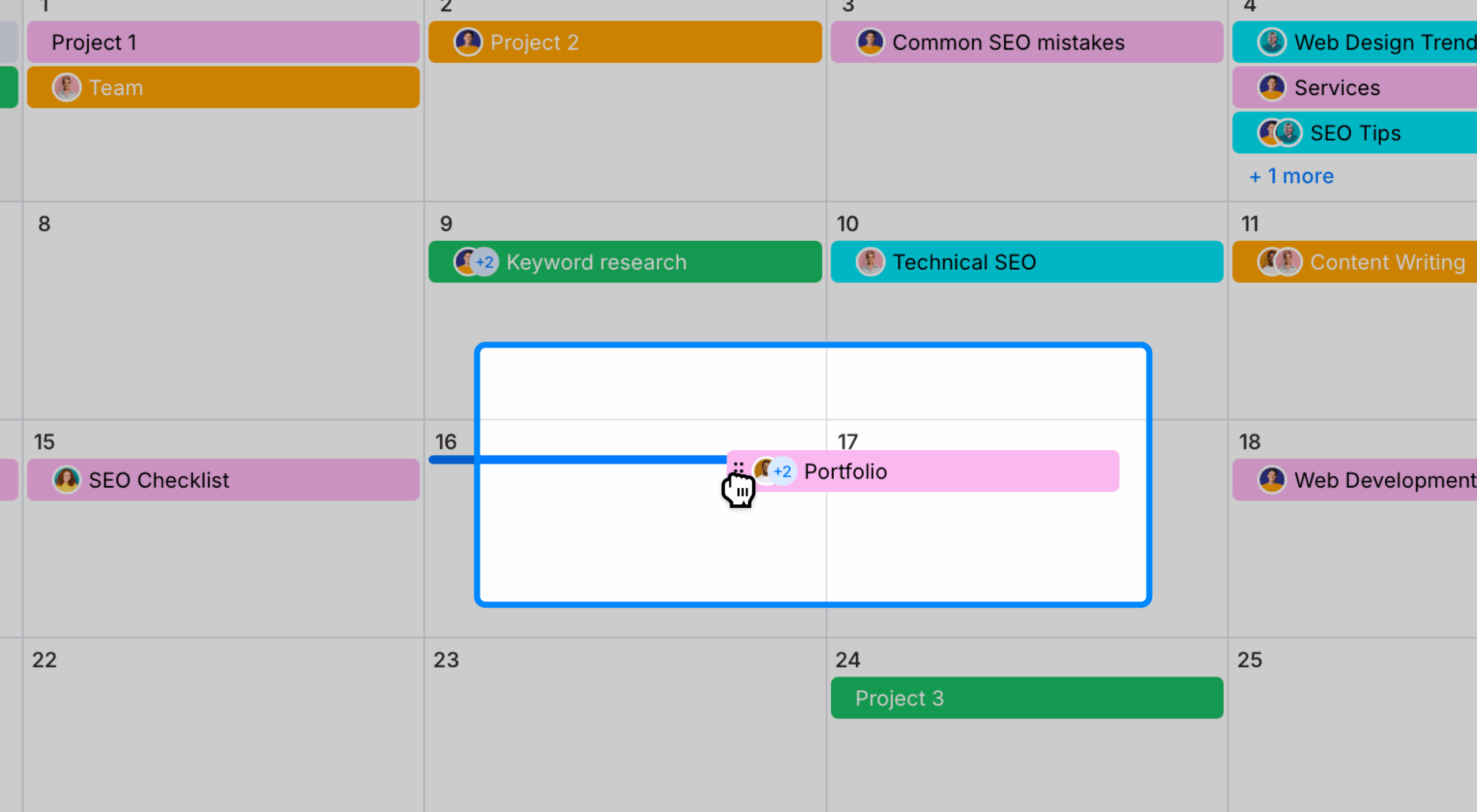 Content Calendar showing a page moved from its current date to another visible date.