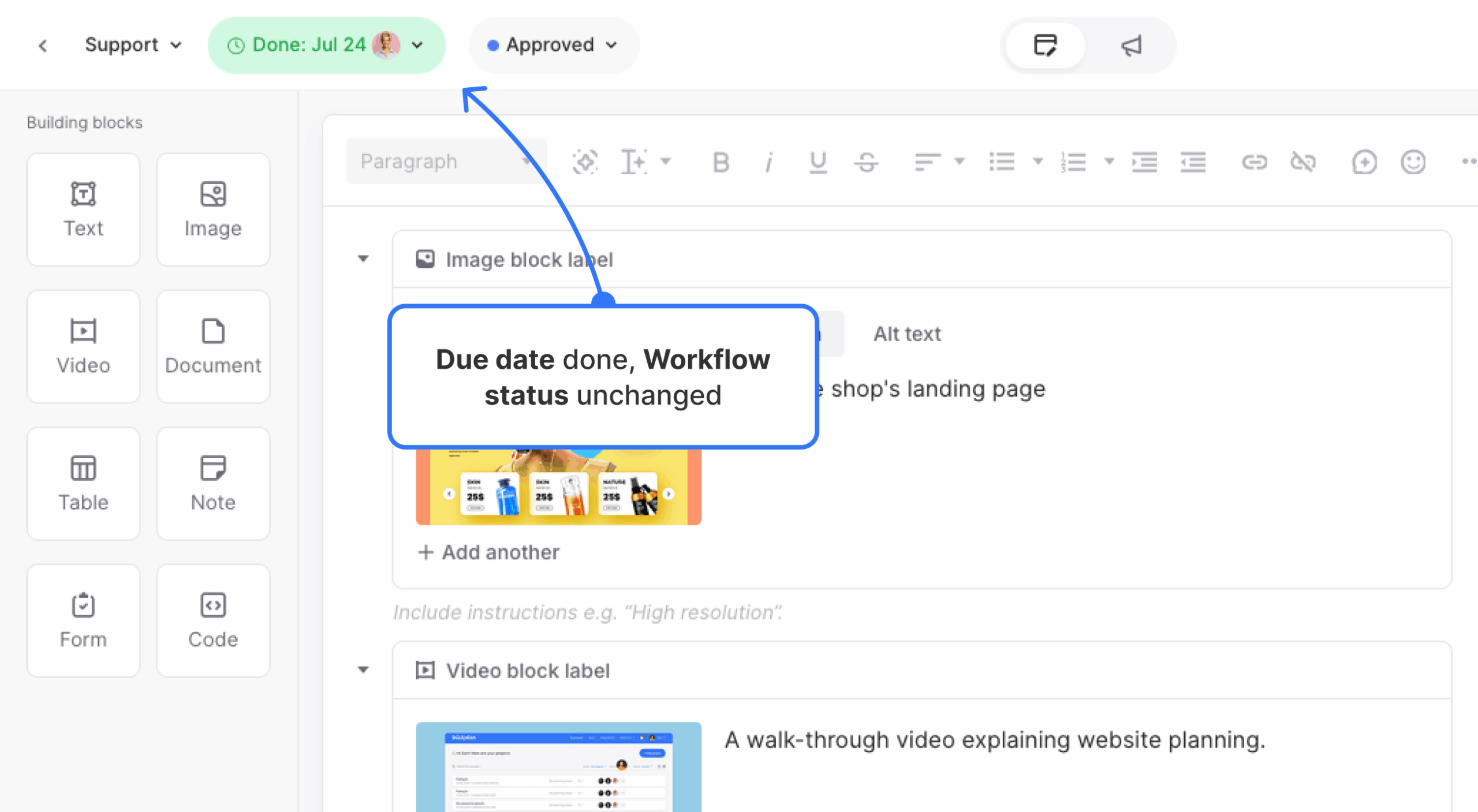 Page Editor showing a due date marked Done while the page workflow status remains In progress.
