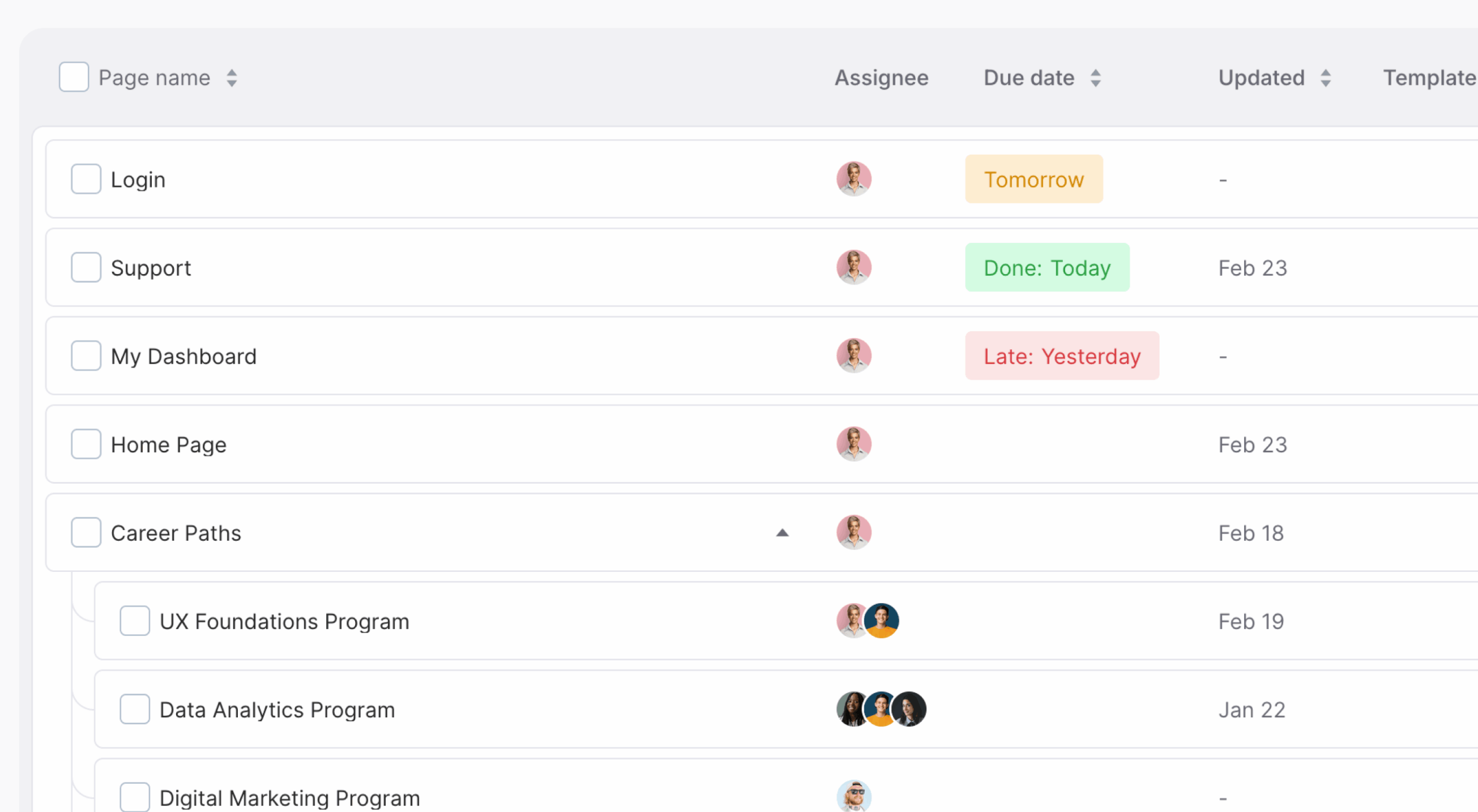 Content Overview showing upcoming, due-soon, Late and Done due dates.