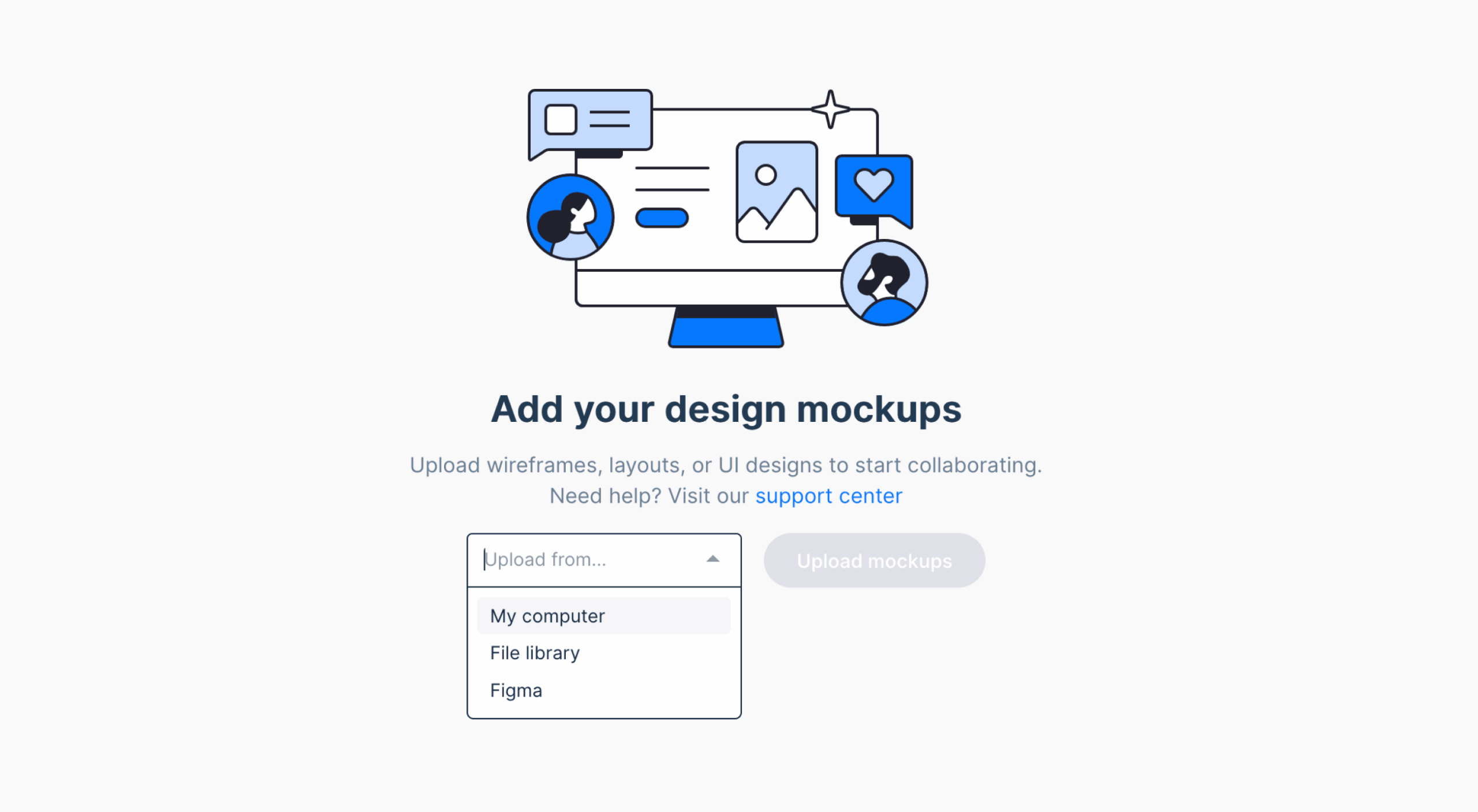 Empty Designs dashboard with My computer, File library and Figma upload options above the Upload Mockups button.