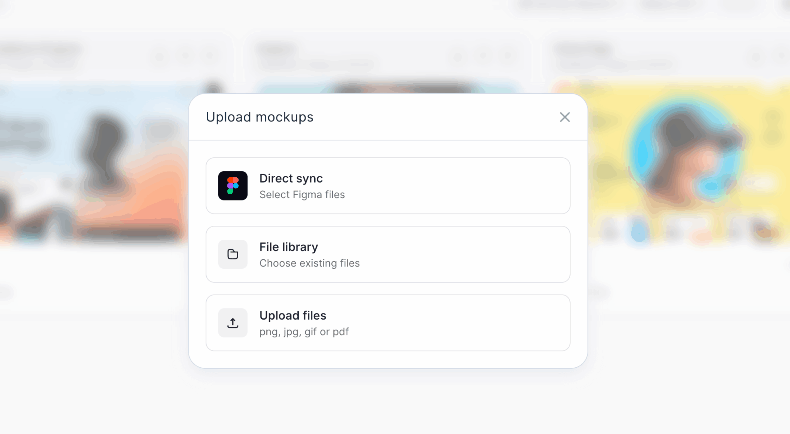 Populated Designs dashboard with an upload window offering Direct Sync, File Library and Upload Files.