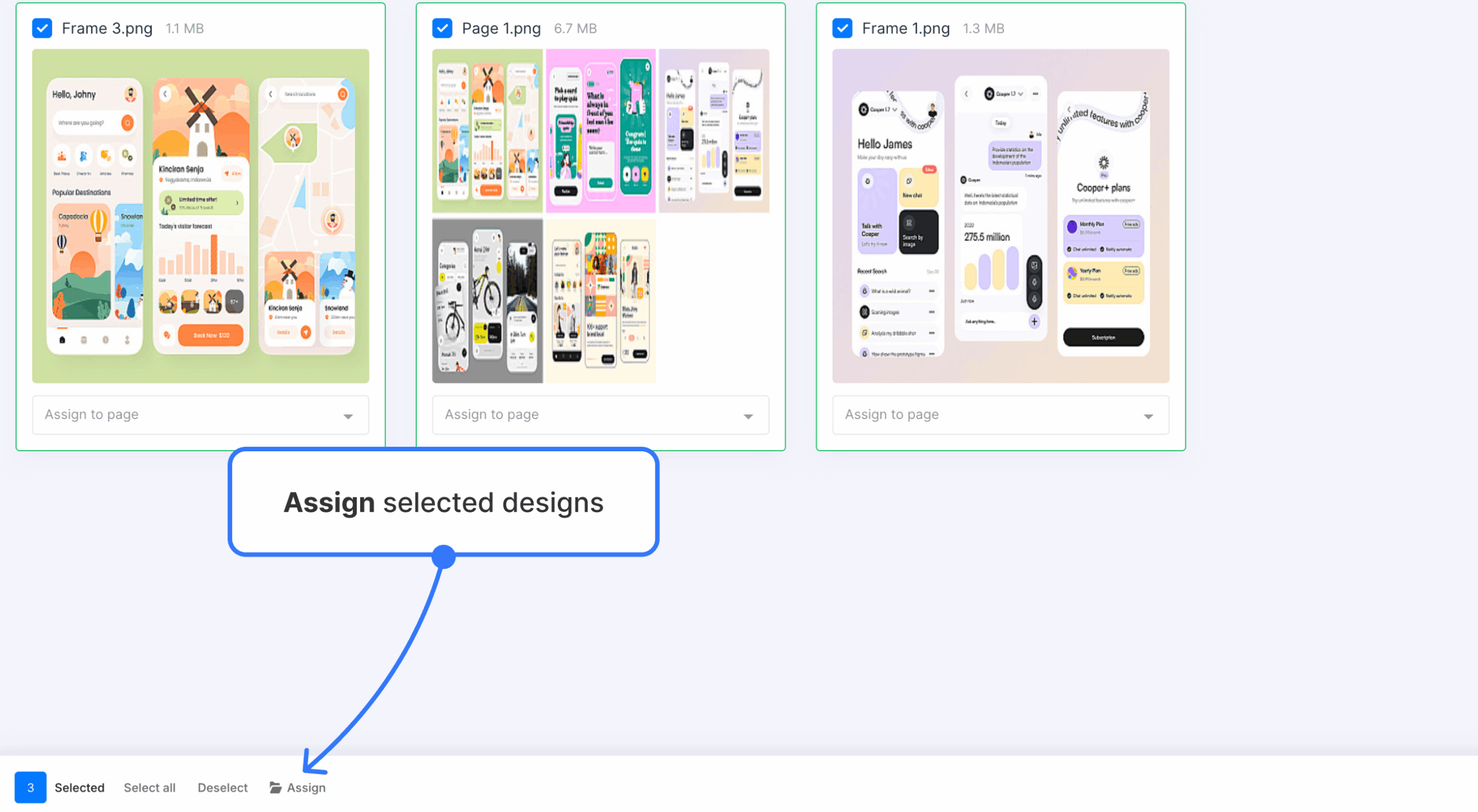 Several selected design files with the bottom Assign action and sitemap page selector open for bulk assignment.