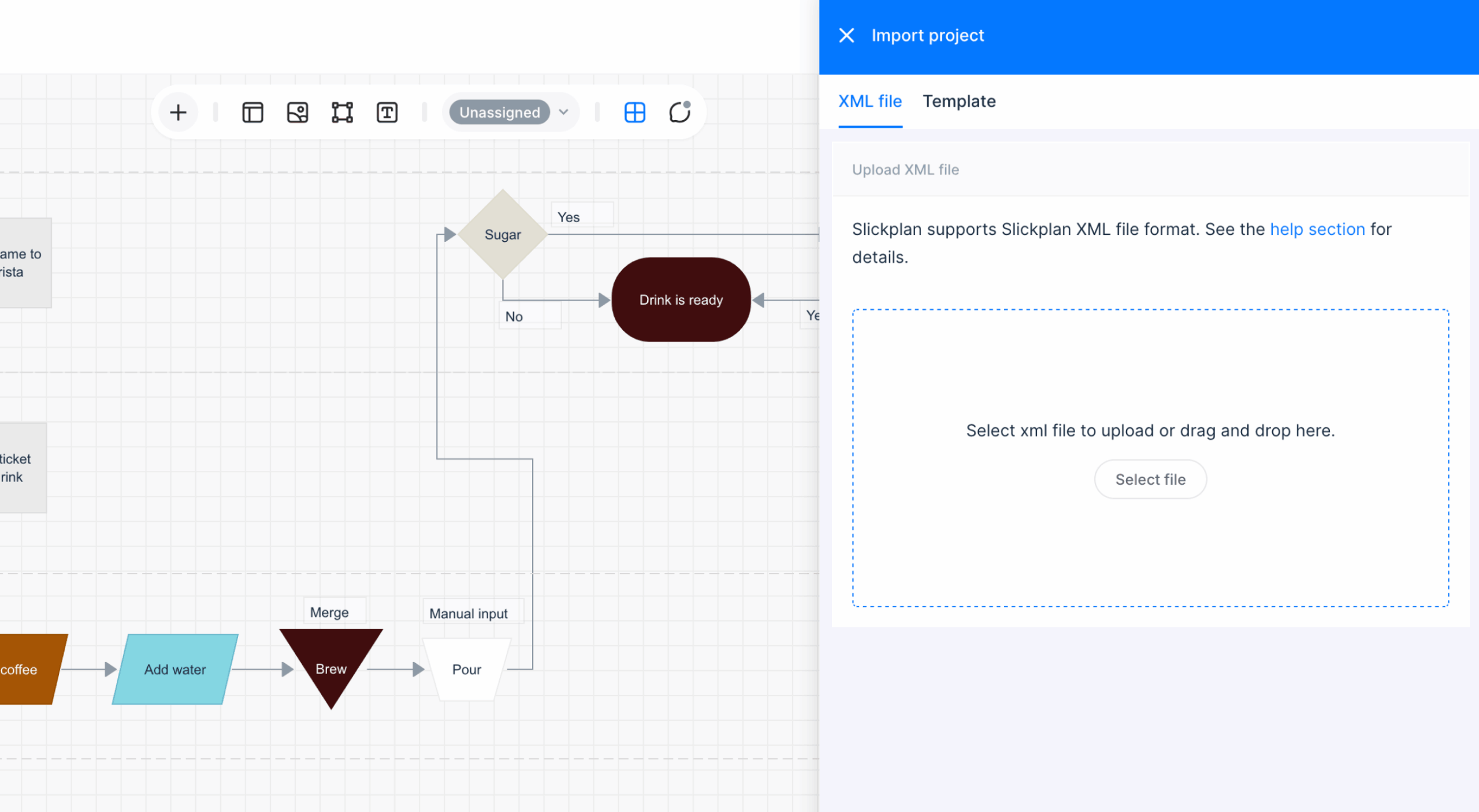 Diagram import panel with the XML upload area and import controls
