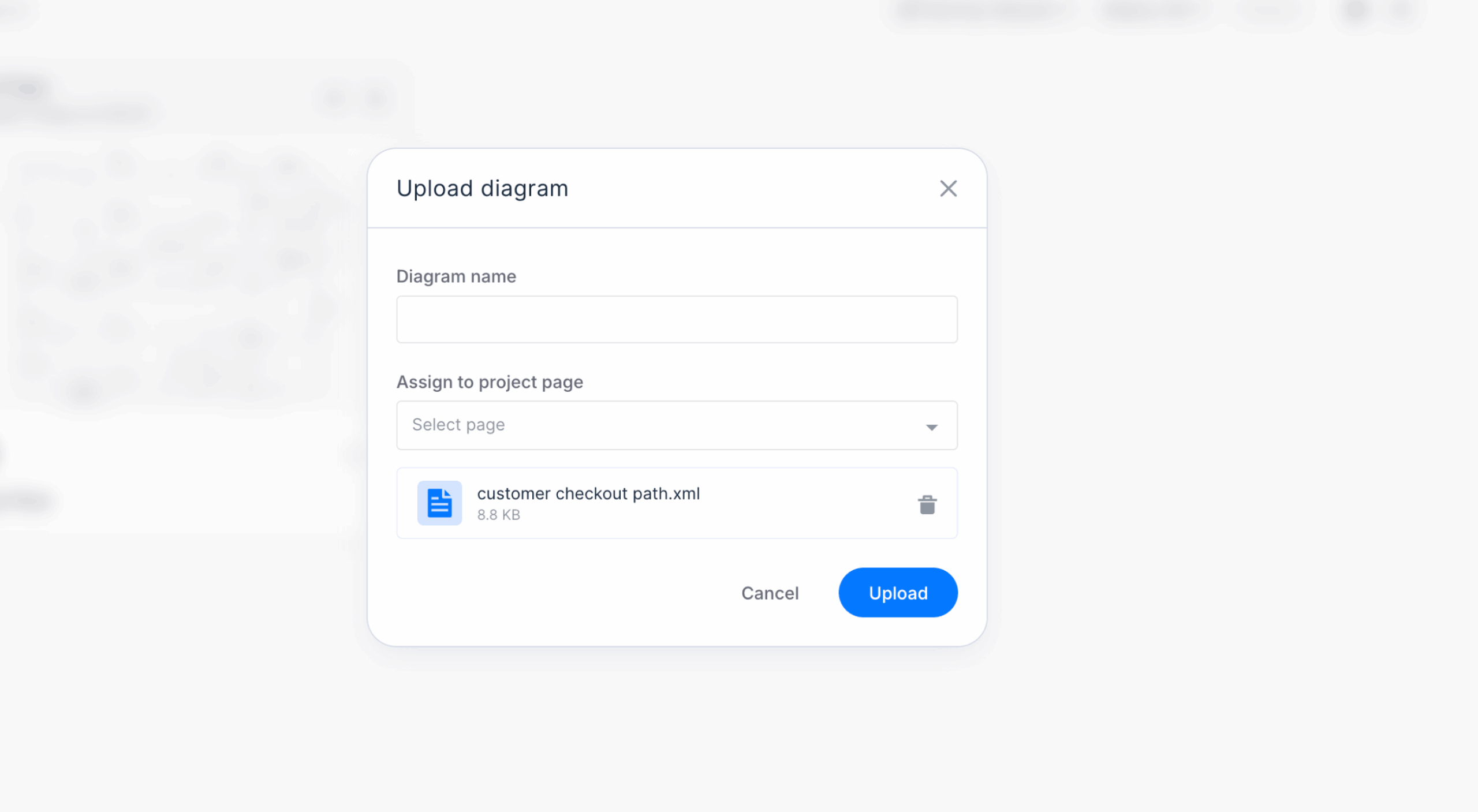 Diagram upload window with diagram name and sitemap page assignment settings
