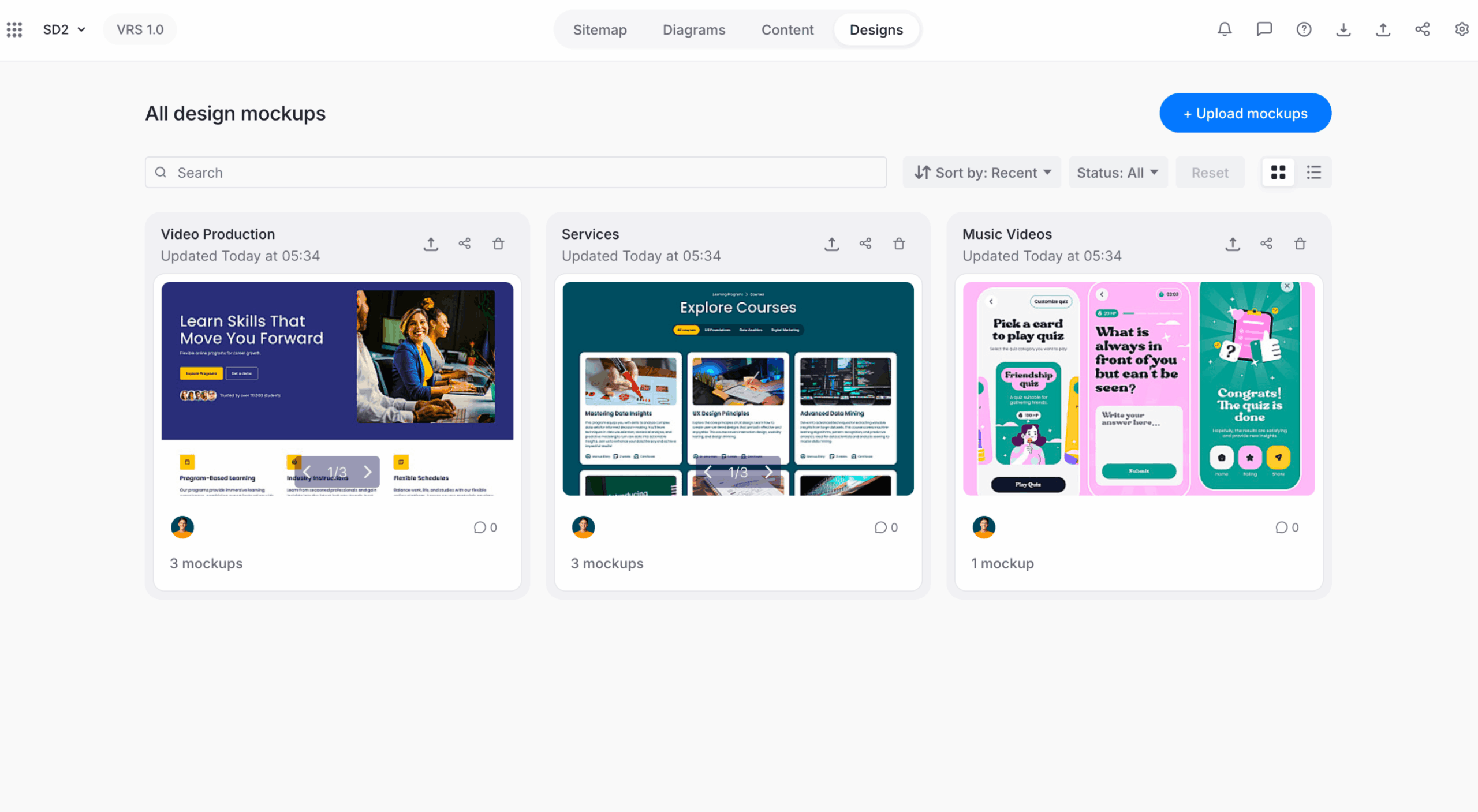 Designs dashboard showing mockups grouped under their assigned sitemap pages.