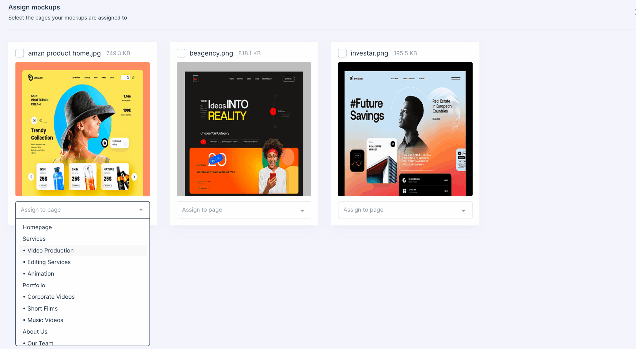 Design upload step with a sitemap page assigned before the mockup is added to the project.