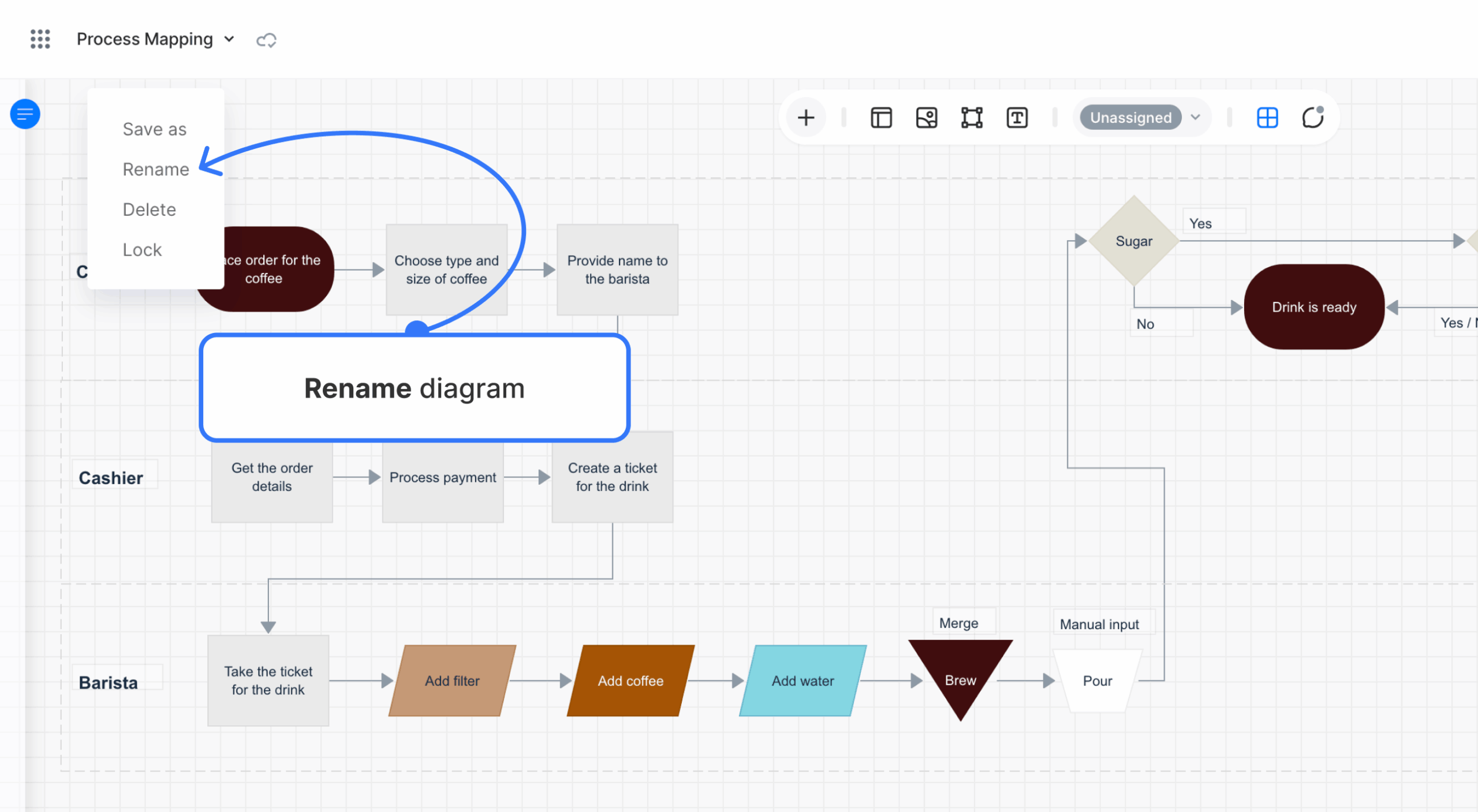 Standalone diagram project with the project-name menu expanded and the Rename option visible