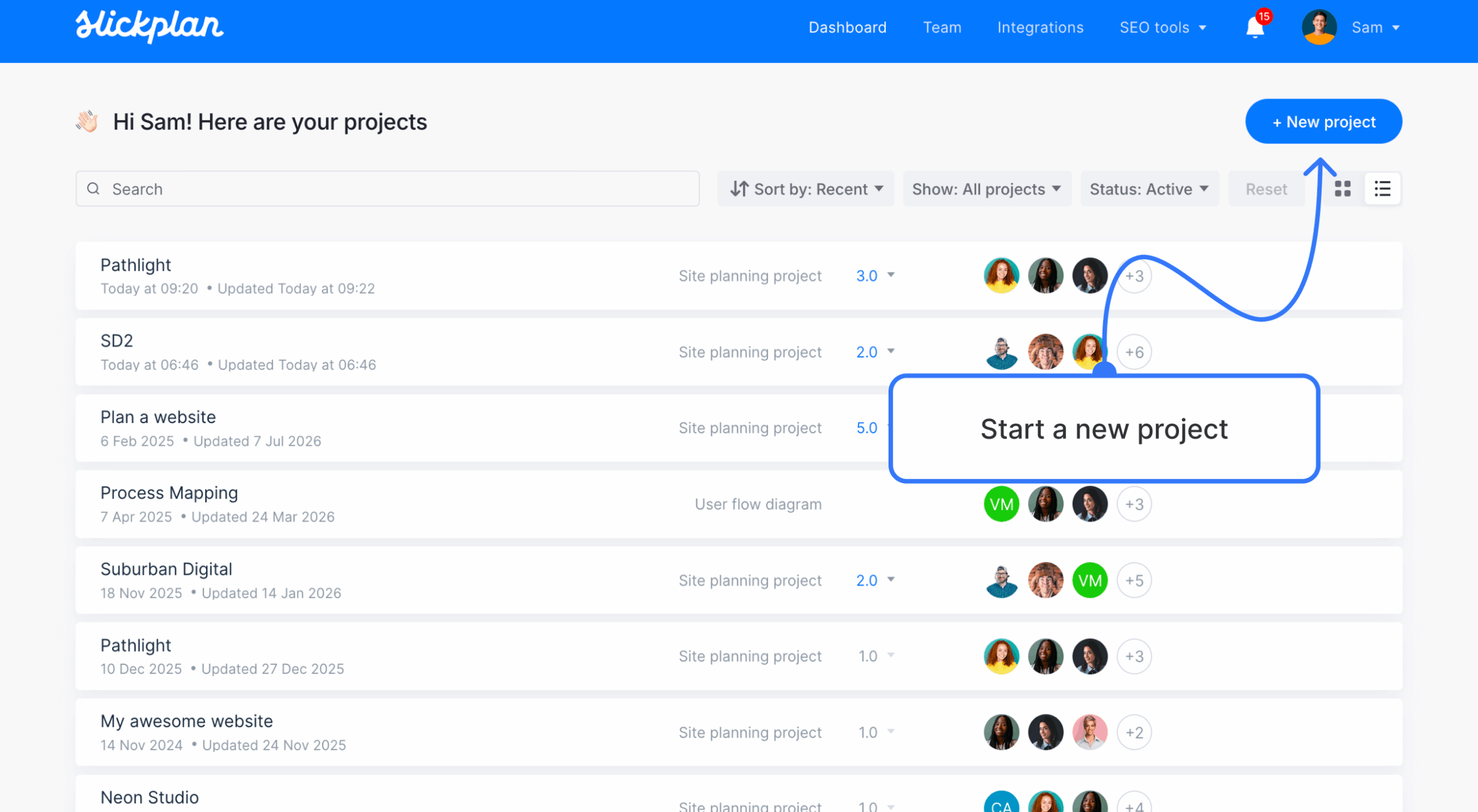 New Project control on the Slickplan dashboard