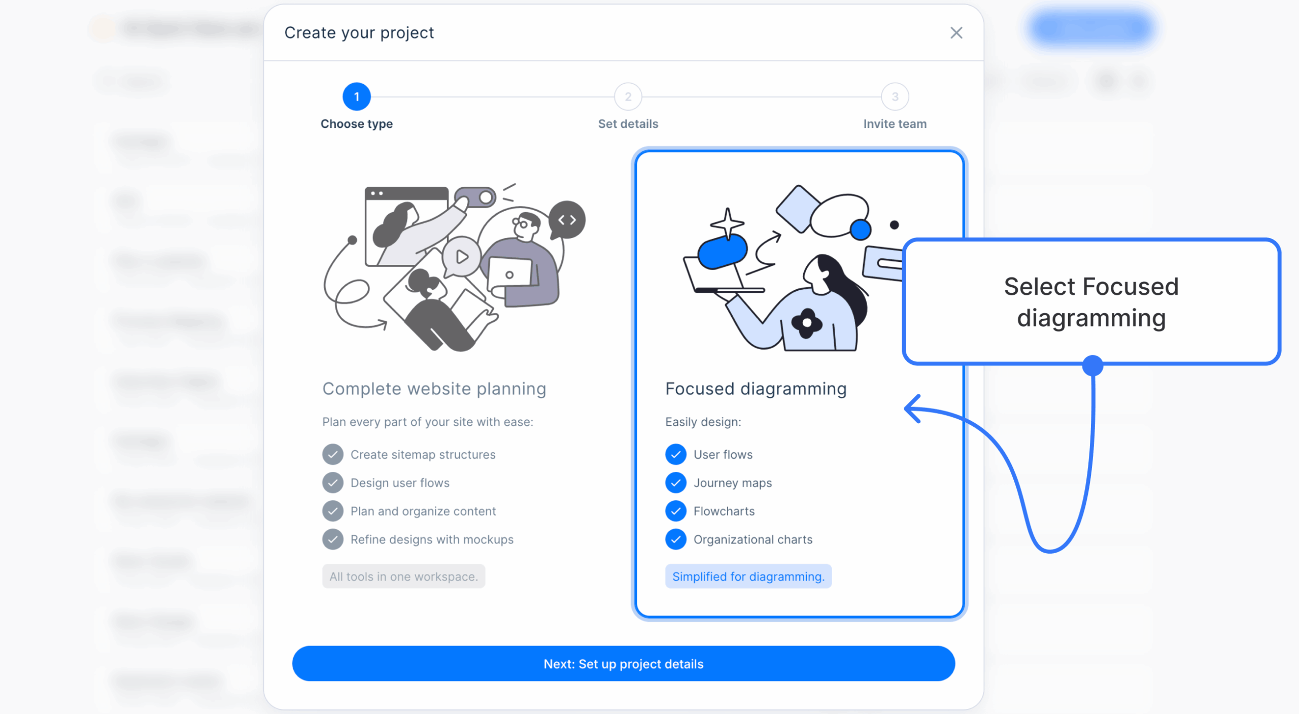 Focused Diagramming selected in the new-project window