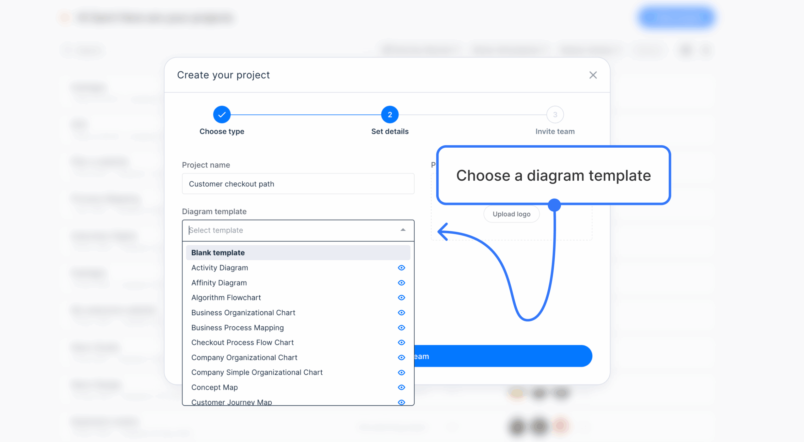 Diagram template menu in the focused diagram project setup