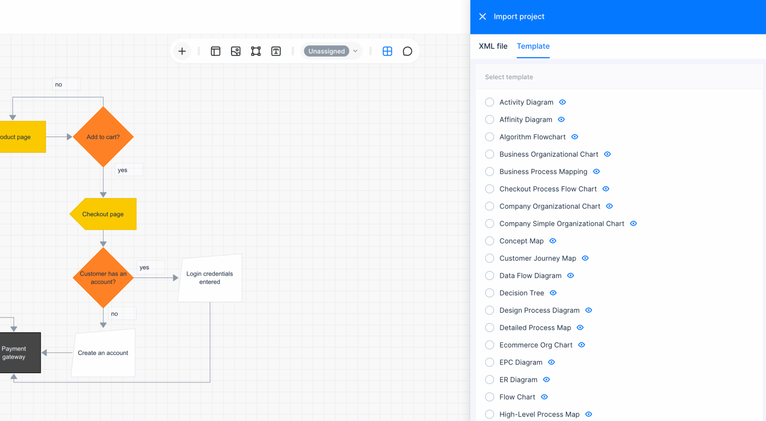 Template tab with preview and import controls in Diagram Maker
