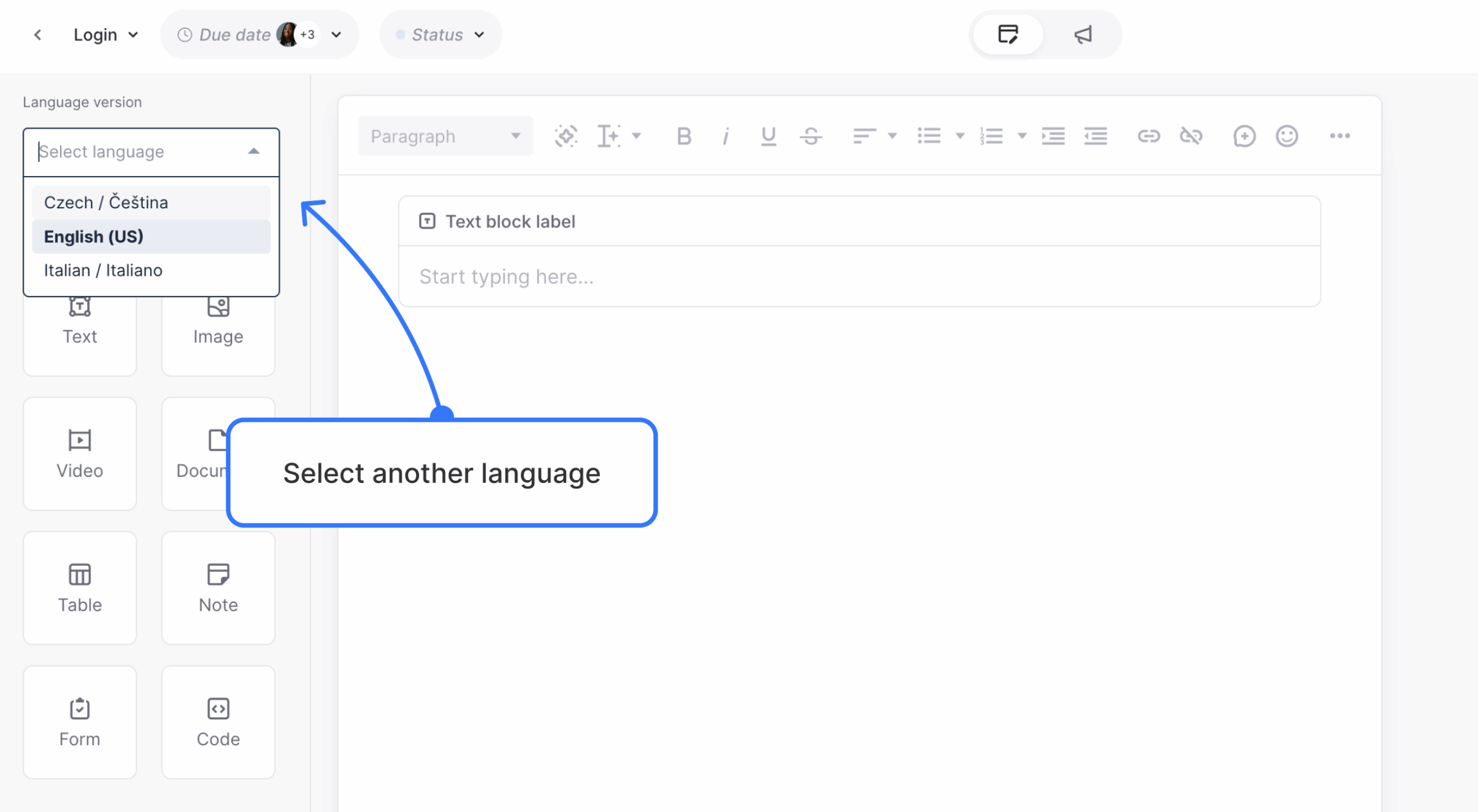 Language version menu above the Page Editor block toolbar