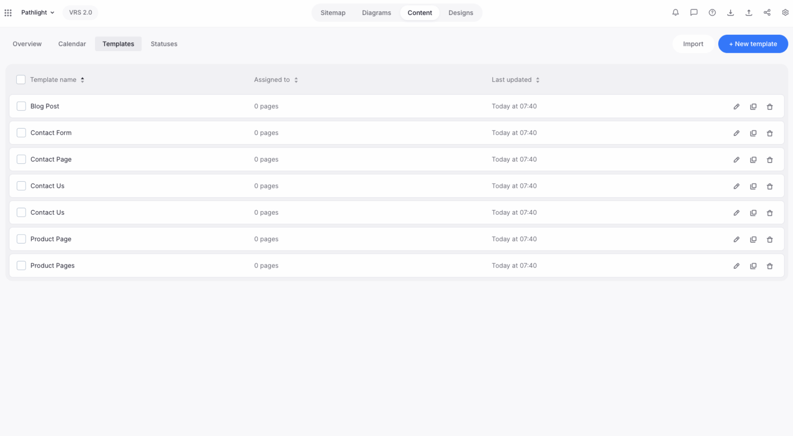 Content Planner Templates page showing template names, assigned page counts, last updated dates, sorting controls and row actions.