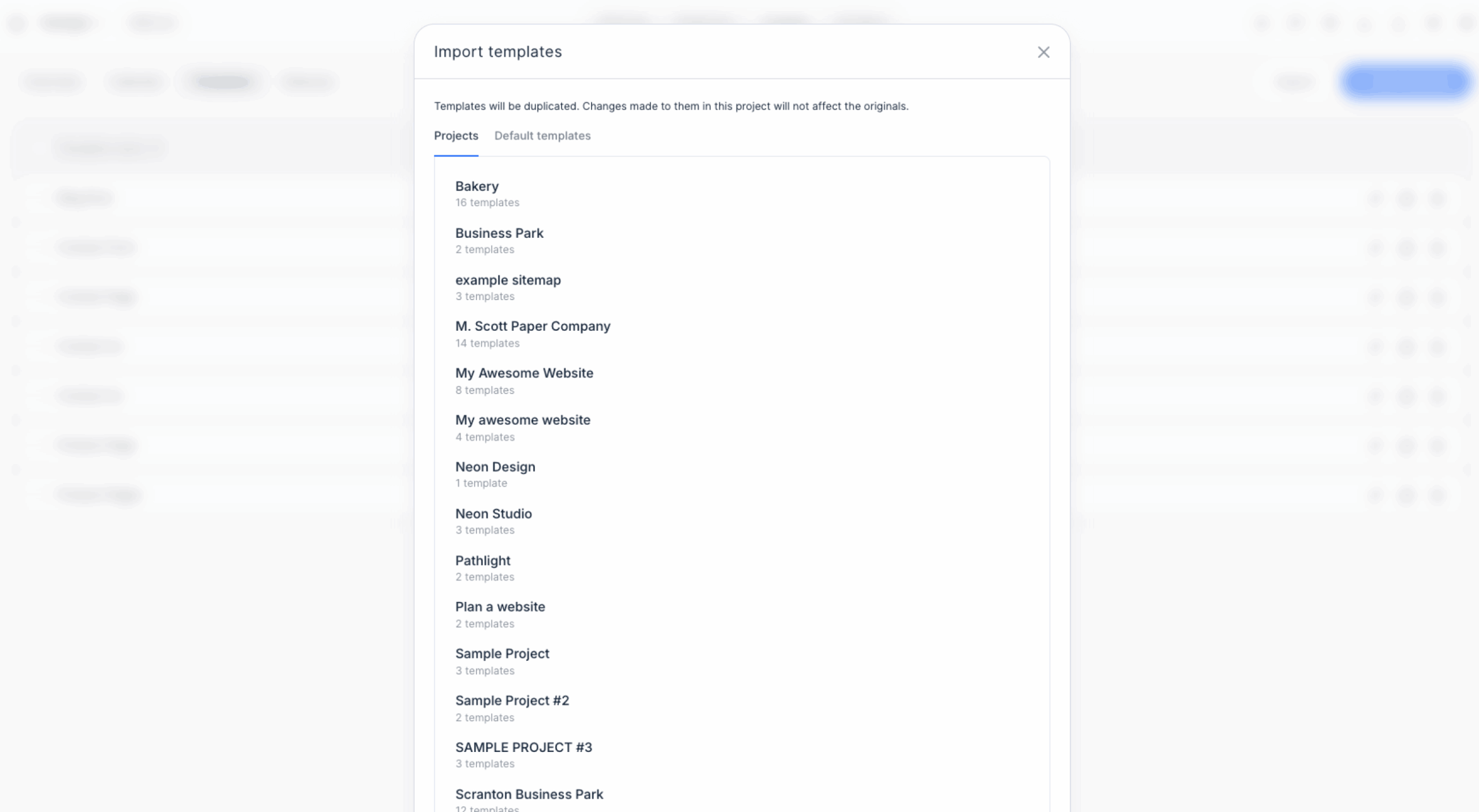 Import Templates window with the Projects tab selected, a source project chosen and multiple project templates selected for import.
